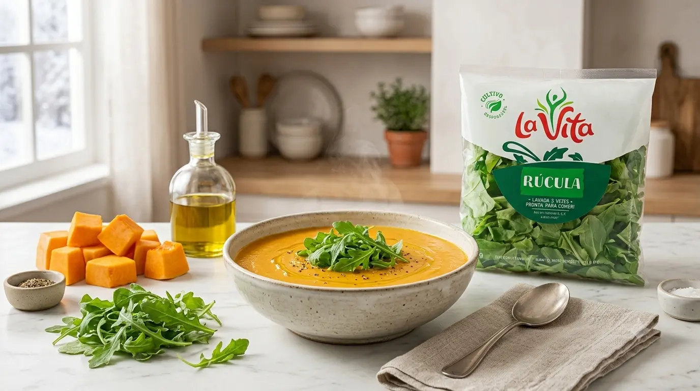 Caldo cremoso de abóbora com rúcula fresca preparado com Rúcula La Vita em uma cozinha clara e aconchegante.