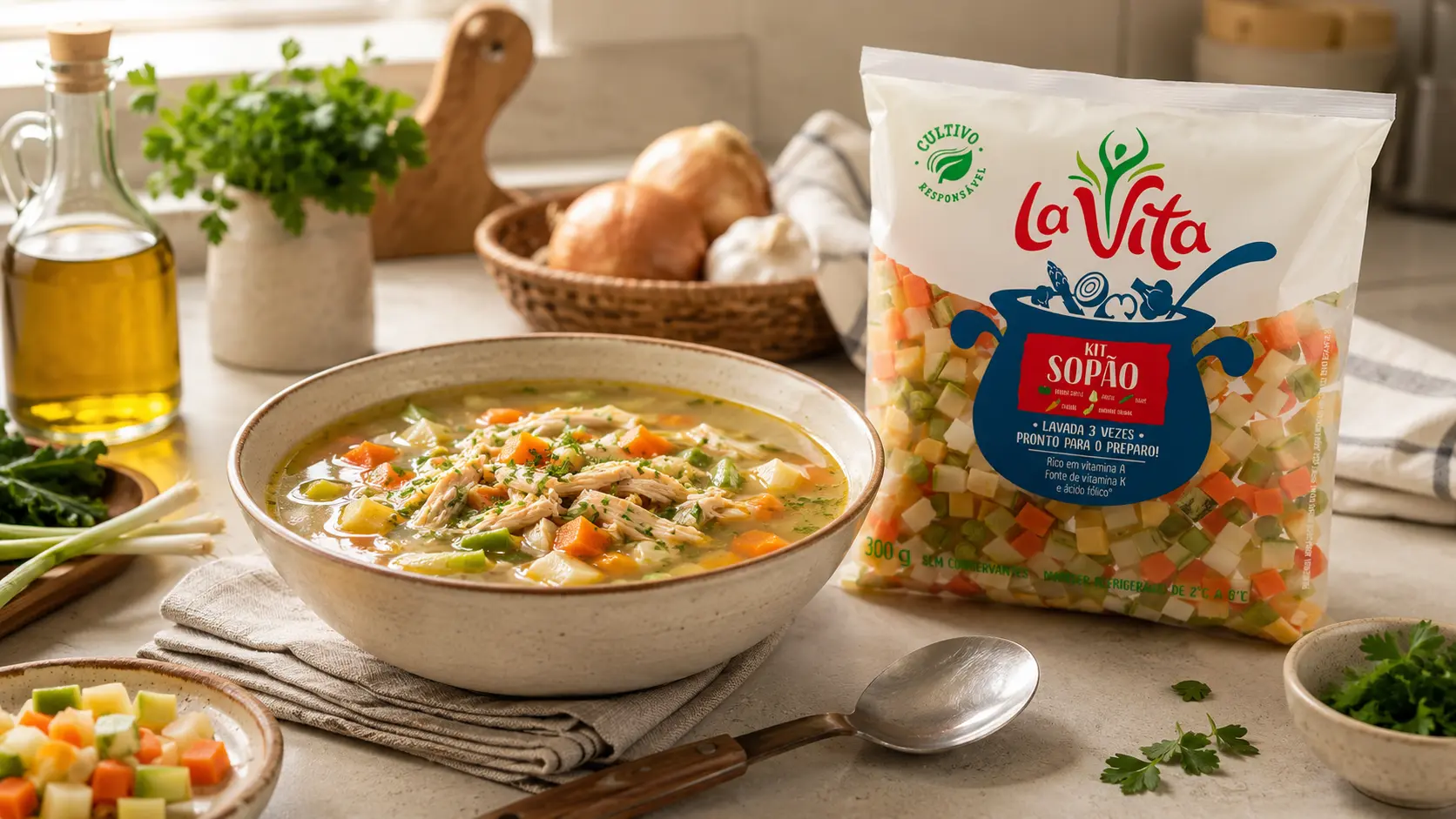 Caldo de legumes com frango desfiado preparado com Kit Sopão La Vita em uma cozinha aconchegante.