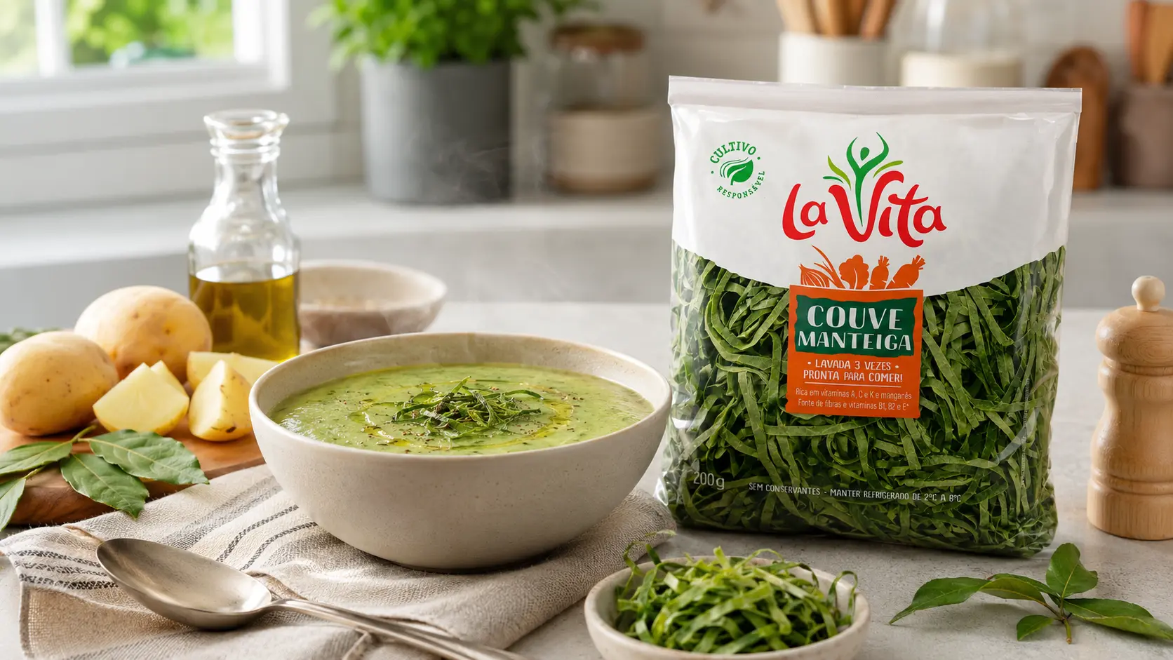 Creme verde com couve e batata preparado com Couve Manteiga La Vita em uma cozinha clara e aconchegante.