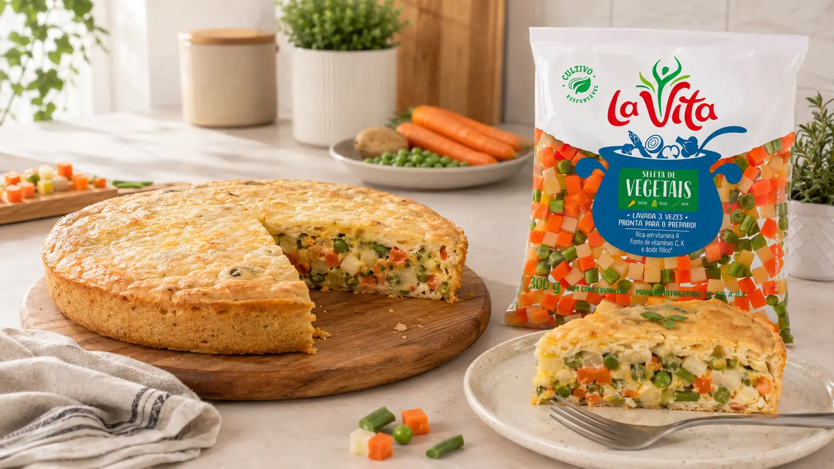 Torta rápida de liquidificador com mix de vegetais preparada com Seleta de Vegetais La Vita.