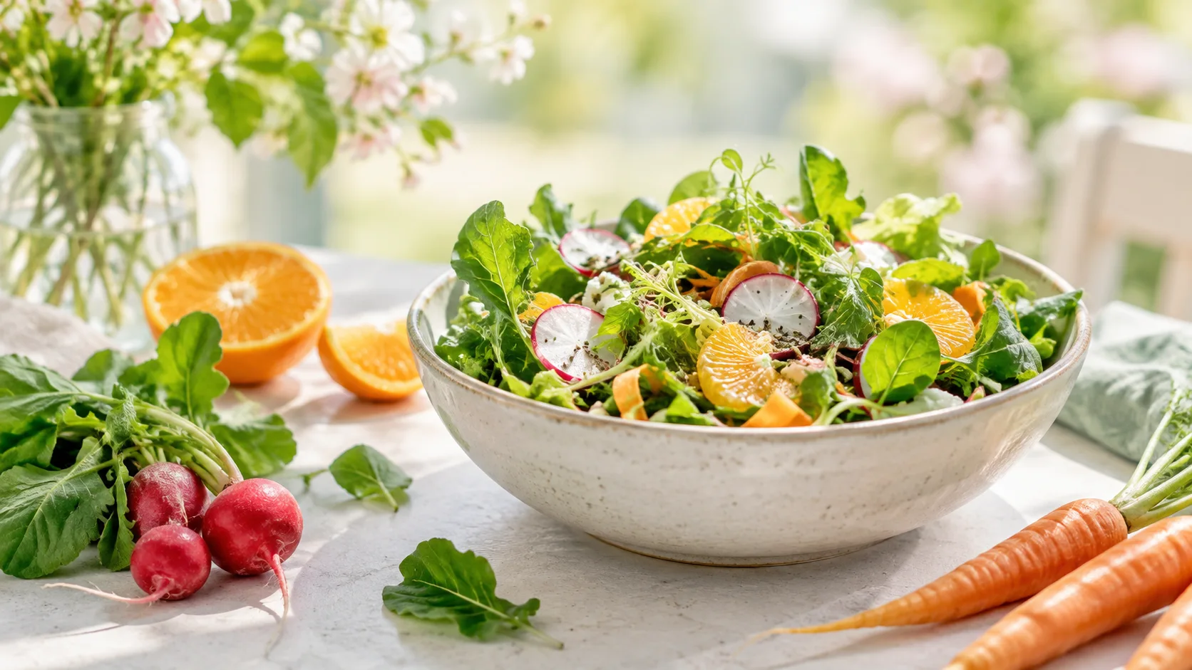 Salada colorida com folhas verdes, rabanete, cenoura e gomos de laranja em uma mesa clara.