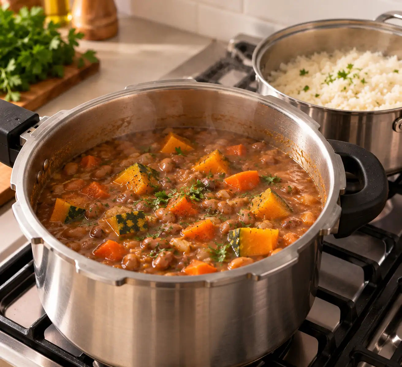 feijão com legumes Feijão encorpado com cubos de abóbora cabotiá e cenoura em panela de pressão, acompanhado de arroz branco.
