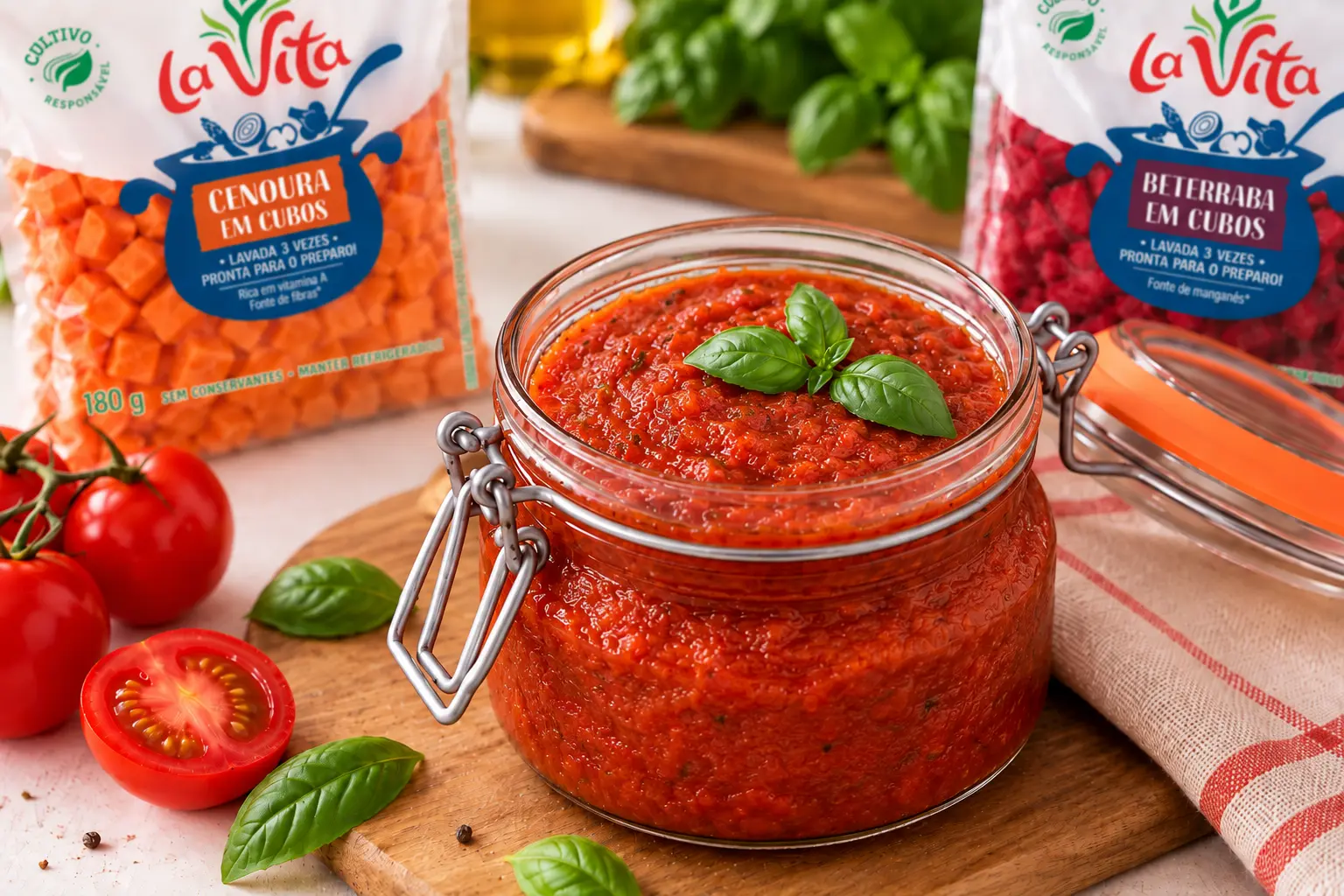 molho de tomate com cenoura e beterraba Molho de tomate caseiro em pote de vidro, acompanhado de tomates, manjericão e embalagens La Vita de cenoura e beterraba em cubos.