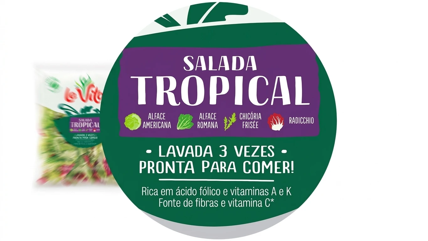 zoom ingradientes salada la vita Embalagem da Salada Tropical La Vita com destaque para as informações do rótulo frontal.