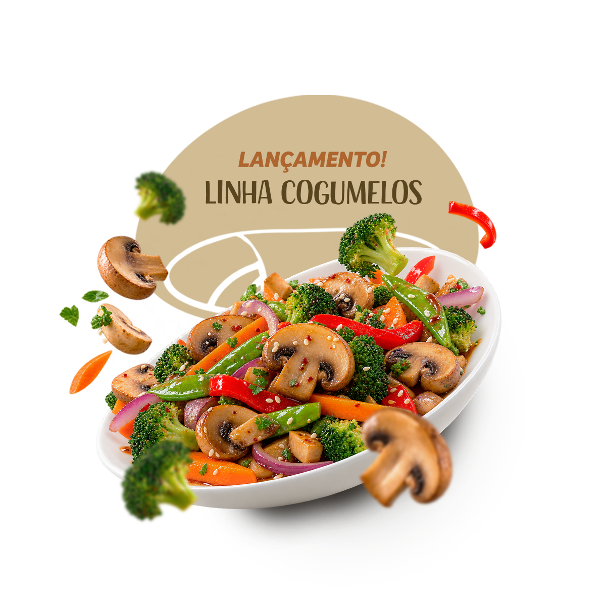 Lançamento da Linha Cogumelos La Vita com prato de cogumelos salteados, brócolis, cenoura, pimentão e outros vegetais