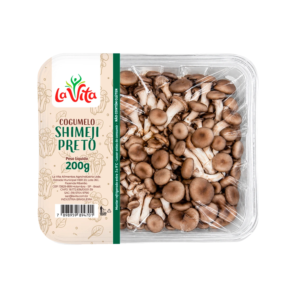 Embalagem de cogumelo Shimeji Preto La Vita de 200g com cogumelos frescos