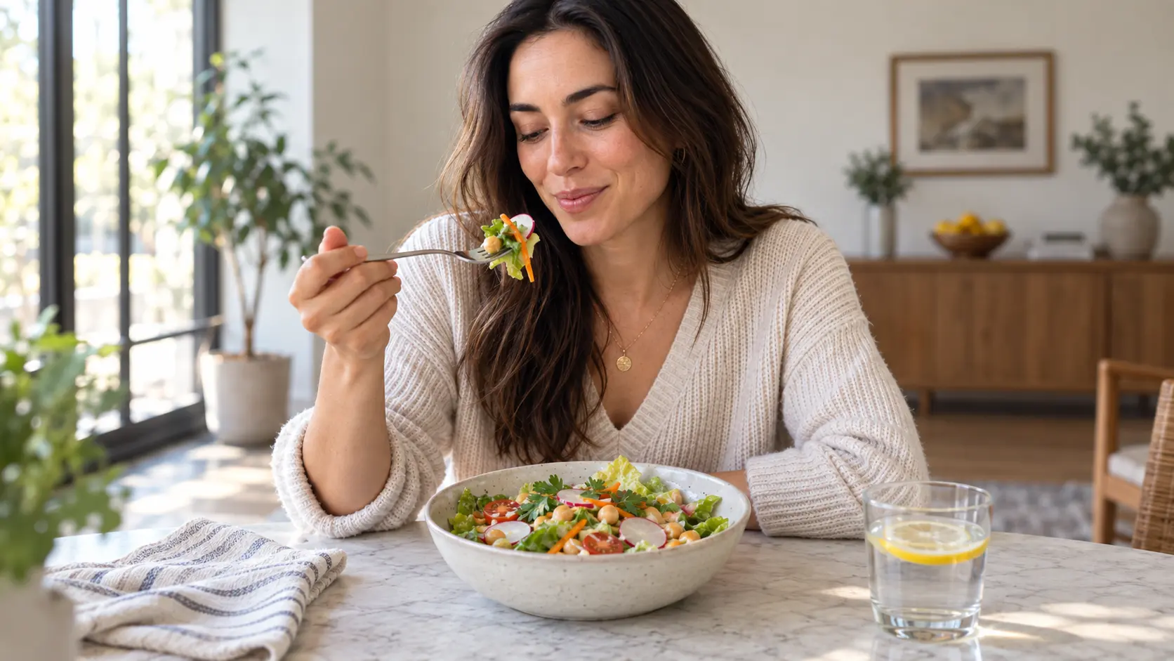 Mulher comendo salada vegana com grão-de-bico, folhas, tomate, cenoura e rabanete