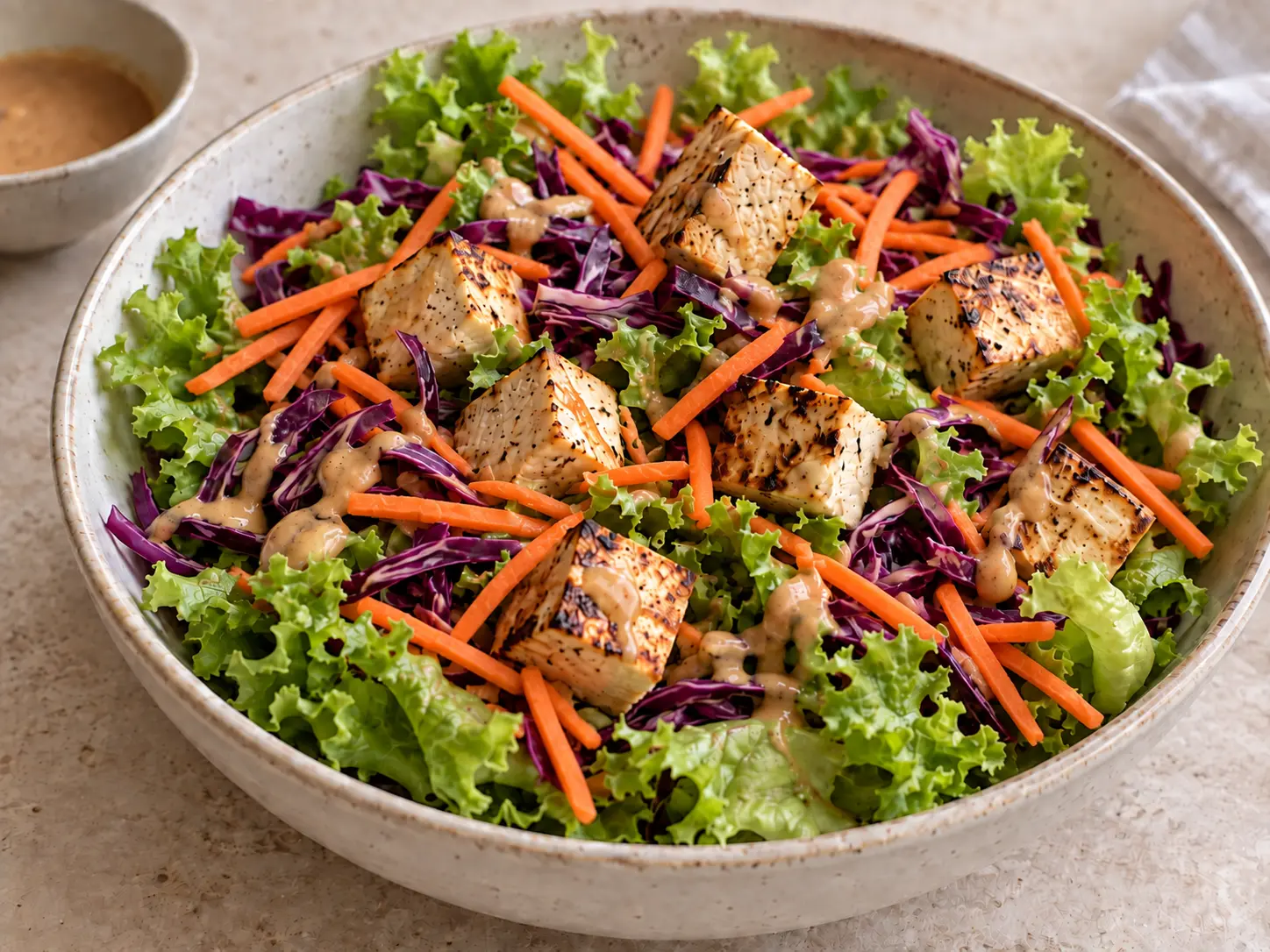 Salada Verão com alface, repolho roxo, cenoura, tofu grelhado e molho de amendoim