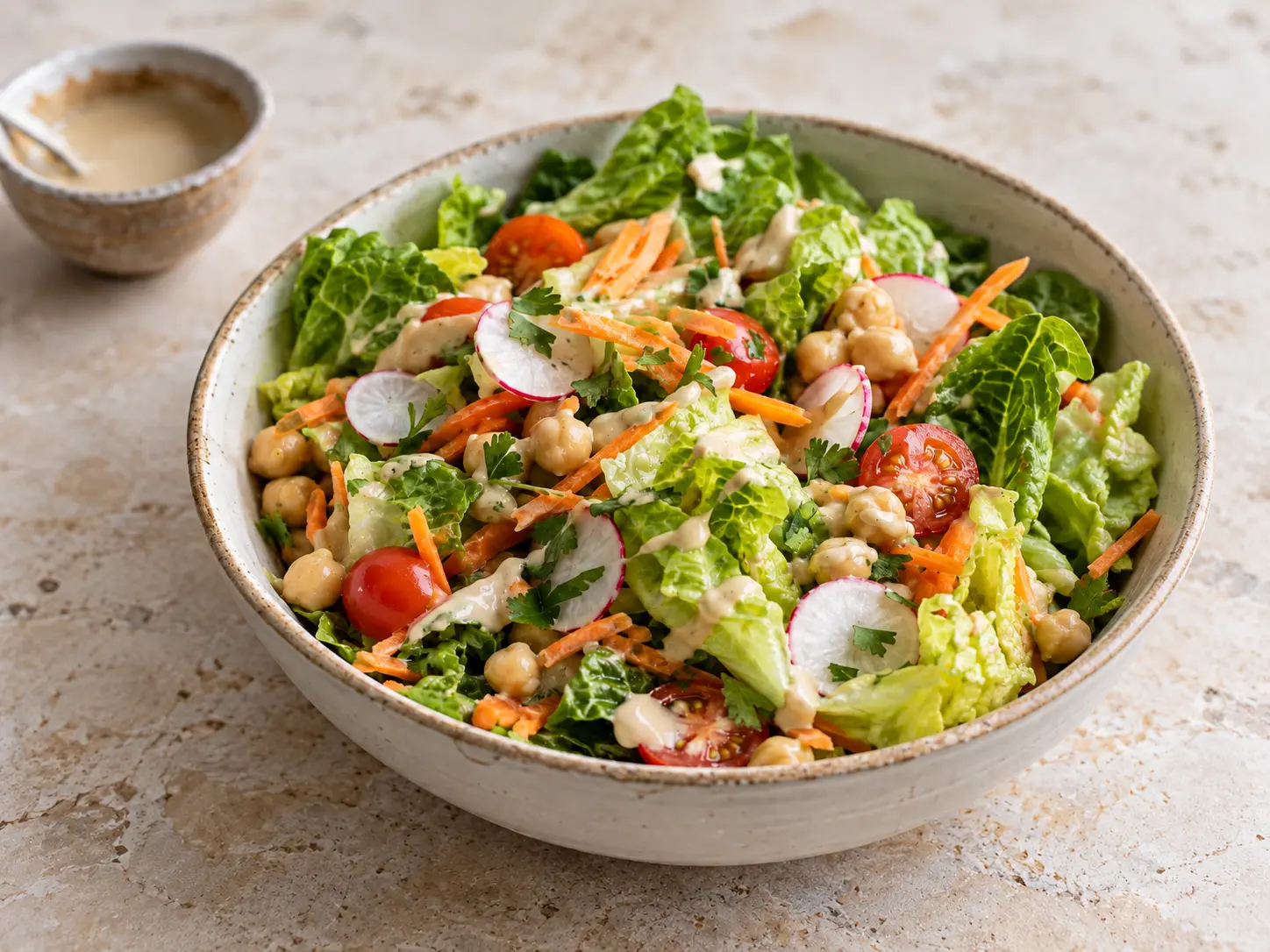 Salada Campestre com alface romana, cenoura, rabanete, grão-de-bico, tomate-cereja e molho de tahine
