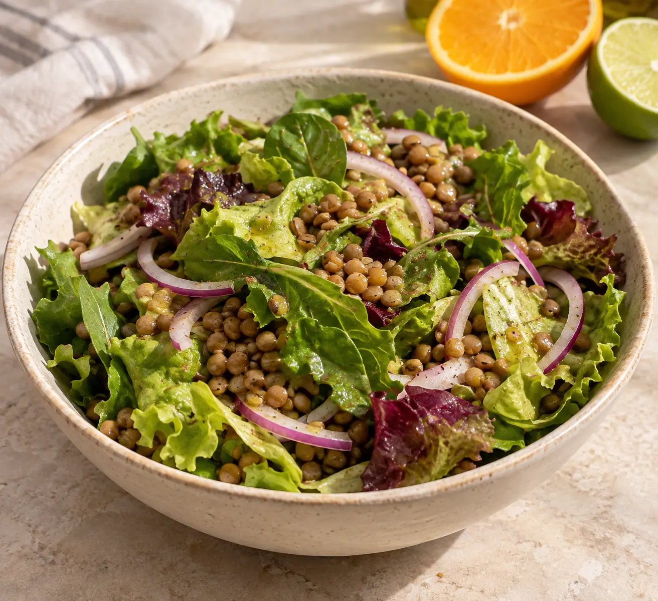 Salada Tropical com folhas, lentilha, cebola roxa e molho cítrico de laranja e limão
